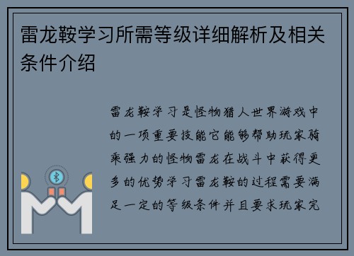 雷龙鞍学习所需等级详细解析及相关条件介绍