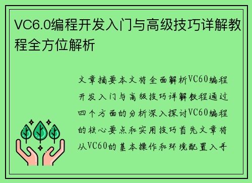 VC6.0编程开发入门与高级技巧详解教程全方位解析